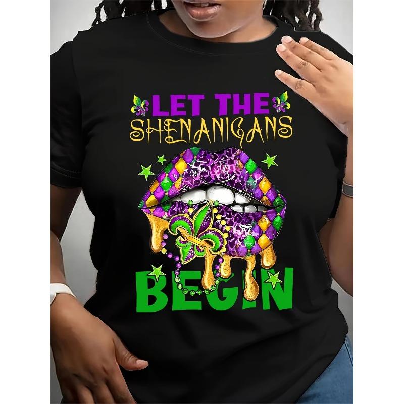 

Women s Mardi Gras Let The Shenanigans Begin Graphic Black Casual Short Sleeve Crew Neck Tee 4XL