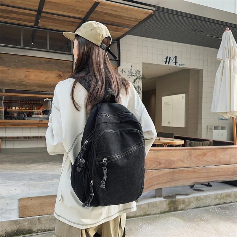 Denim Backpack Student Schoolbag Solid Color Backpack