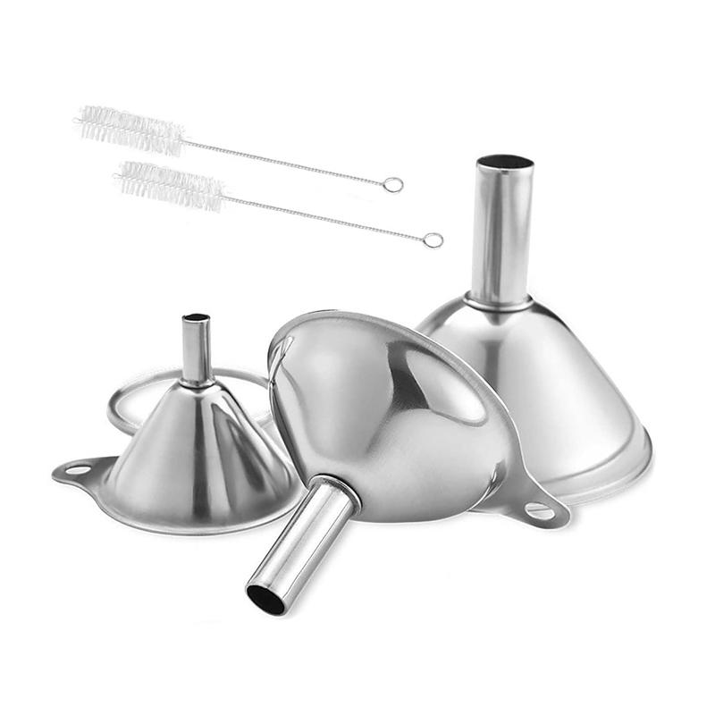 3Pcs Stainless Steel Funnel with 2Cleaning Brush 3Size Funnels Set Oil Jam Powder Funnel Kitchen Mini Funnel Set Kitchen Funnel