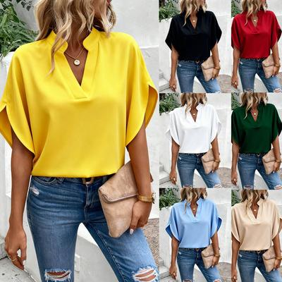 Women's V Neck Short Flutter Sleeve Blouse Loose Fit Elegant Casual Solid Color Tunic Top Plus Size Summer Office Shirt