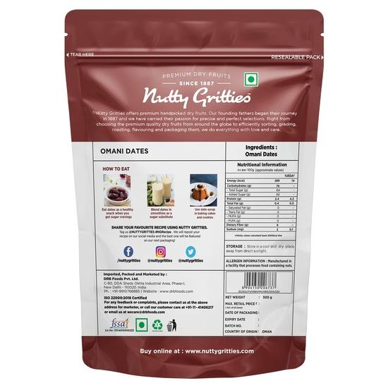 Nussige Gritties Premium Datteln - Omanisch - 500g, Vorteilspackung| Khajoor Oder Khajur Trockenfrucht | Reich an Proteinen & Vitaminen | Natürlicher Süßstoff, Frisch