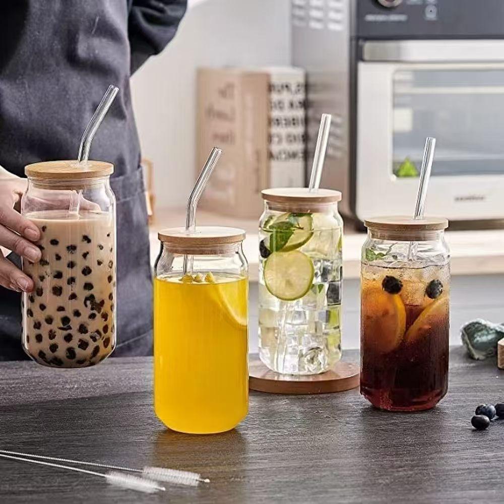 Borosilicate Glass Cola Cup with Bamboo Lid and Straw for Cold Drinks, Juice, Beer, or Water