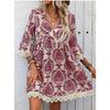 VEZFAA Women's Fashion Summer Spring 1/2 Sleeves V-Neck Loose Waistlinet Casual Dresses