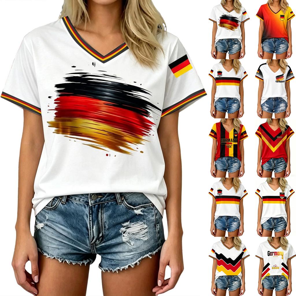 Unisex Casual V-hals Korte Mouw Pullover T-shirt Voetbalprint Wereldbeker Fan Top Duitsland Supporter Kleding CAN MEX USA 2026