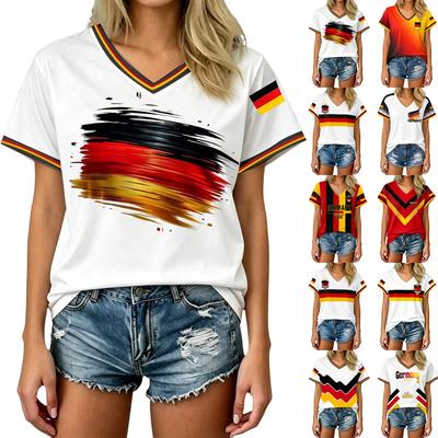 Men Women Casual V Neck Short Sleeve Pullover T Shirt Football Print World Cup Fan Apparel Germany Supporter Top
