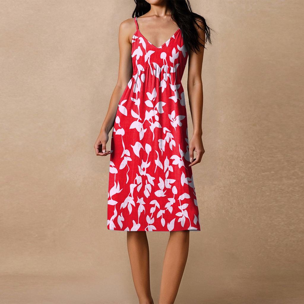 Women's Spaghetti Strap Backless Bow Loose Casual Beach Vacation Floral Printed Dress Sundress
