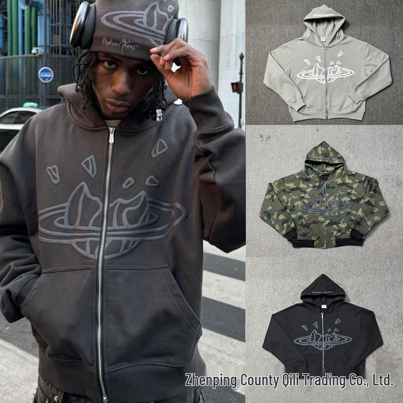 Americká trendy vícebarevná grafická dvouvrstvá kardiganová mikina