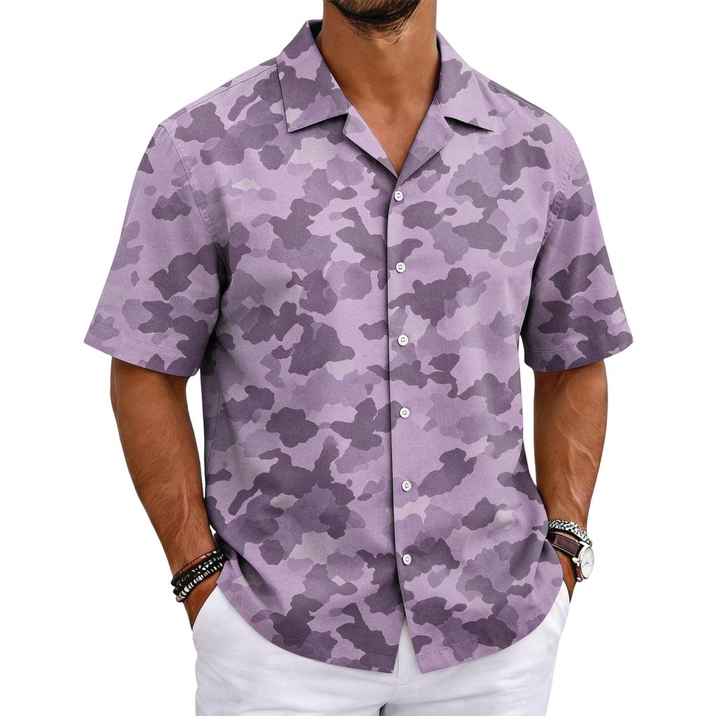 Men's Camouflage Short Sleeve Cuban Collar Shirt Lightweight Breathable Casual Button Down Shirt Summer Beachwear