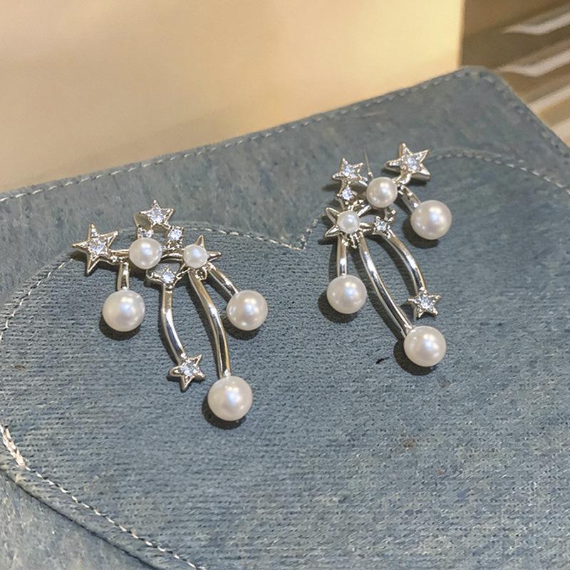 Silver Needle Rhinestone Star & Pearl Stud Earrings - Elegant, Versatile & Luxurious Accessories for Women
