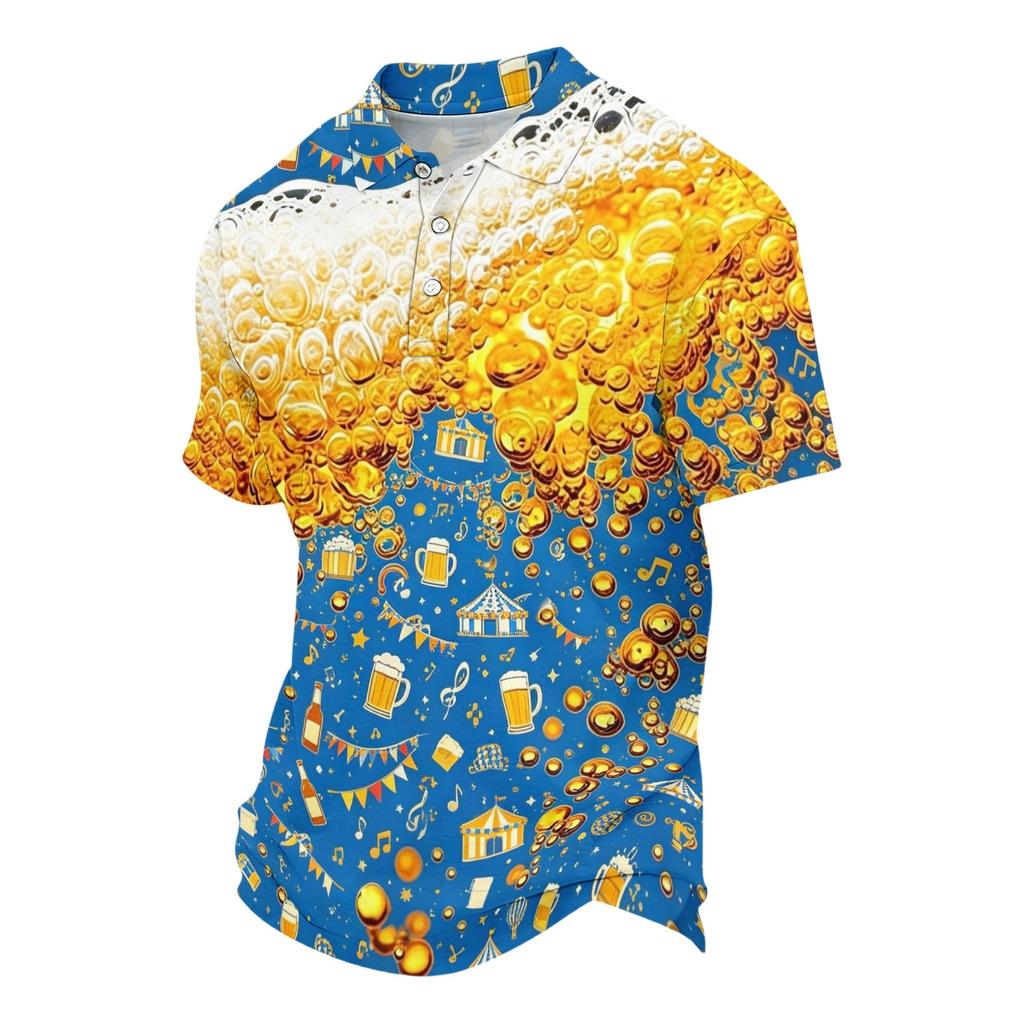 Unisex ležérní polo tričko volného střihu s krátkým rukávem a vzorem inspirovaným pivním festivalem. Lehké prodyšné látky pro každodenní nošení.
