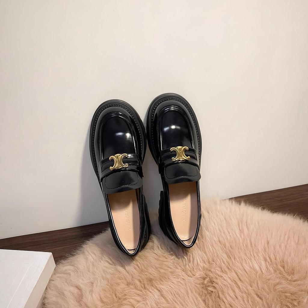 Black Leather British Style Platform Loafers for Women - Height Increasing Slip-on Arc De Triomphe Design
