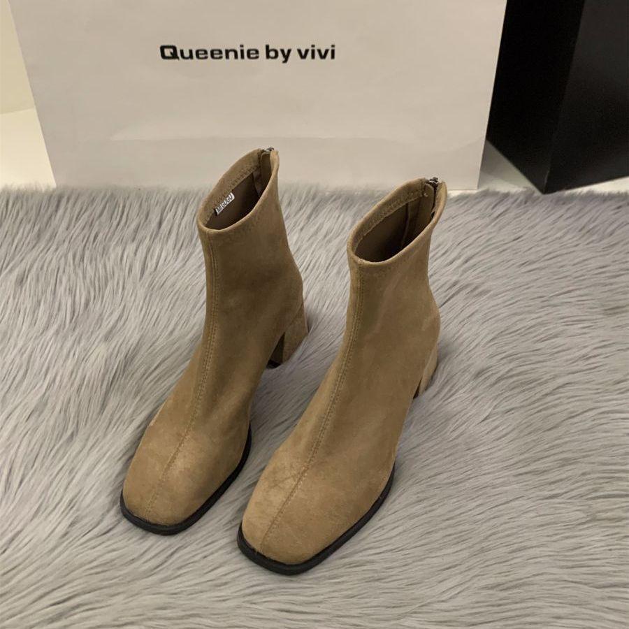 Women Ankle Boots 2026 Autumn Zipper Comfortable Short Boots Retro Fashion New Square Toe High Heel Shoes Women Botas De Mujer