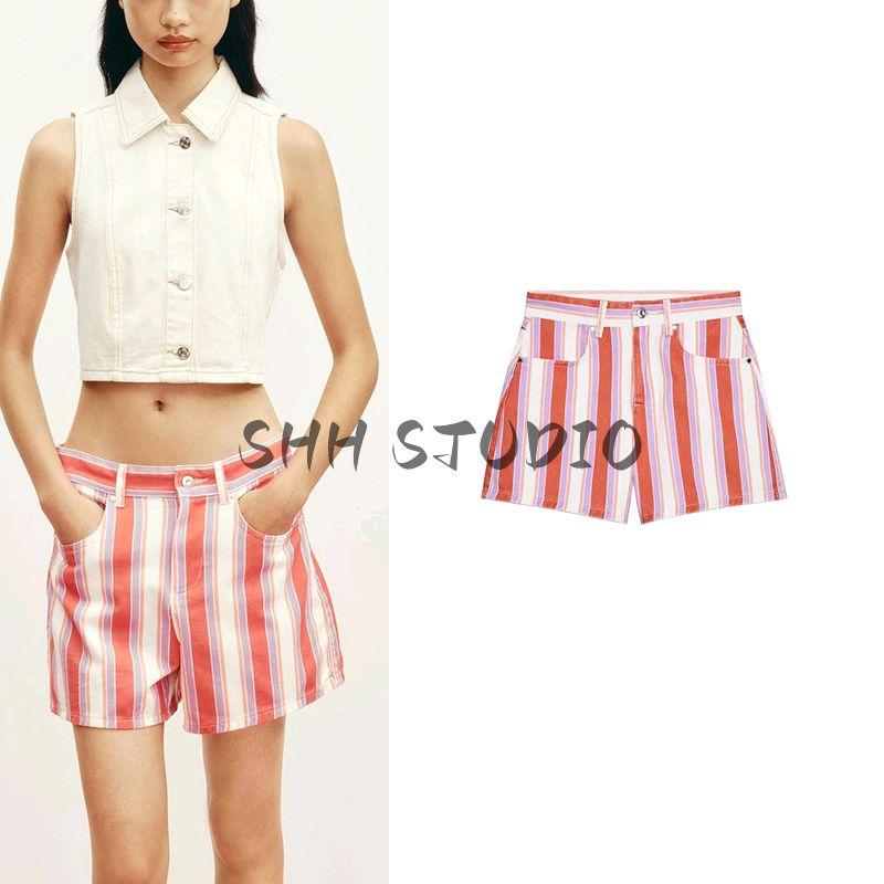 Summer New Women clothes French style Design Sense Pocket Decoration Cotton Stripe High Waist Loose Shorts 6147115