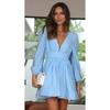 European & American Fashion V-Neck Slim Waist A-Line Pleated Long Sleeve Dress for Women