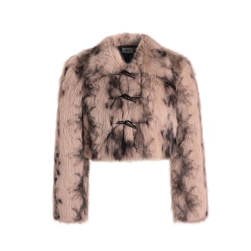 Stylish retro sweet and cool horn buckle short leopard print imitation fur coat women's 2025 autumn and winter warm fur fur top