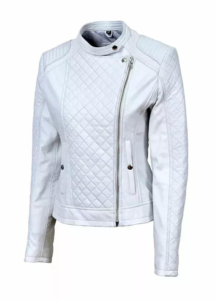 New Women White Jacket Genuine Lambskin Leather Handmade Stylish Biker Motorcycle