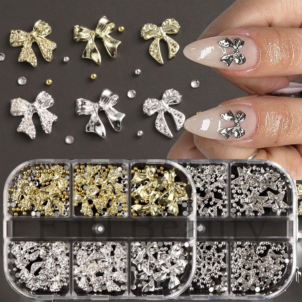 Nail art three-dimensional jewelry 6 grid punk metal star bow mixed with diamond jewelry