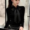Korean Style Black Bow Stand Collar Slim Fit Long Sleeve Top for Women - Autumn/Winter Wear