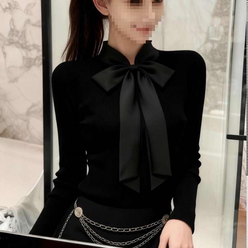Korean Style Black Bow Stand Collar Slim Fit Long Sleeve Top for Women - Autumn/Winter Wear