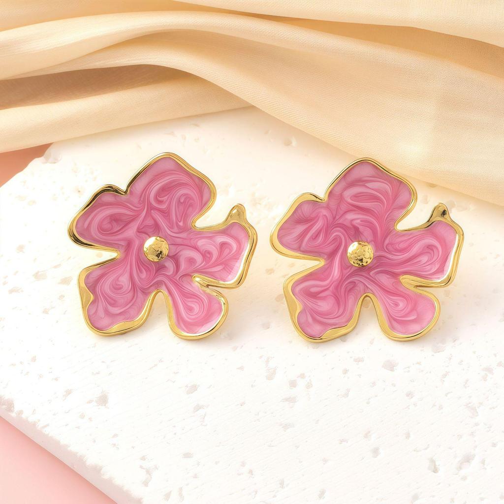 Luxury Titanium Steel Flower Stud Earrings with Enamel and Irregular Petals