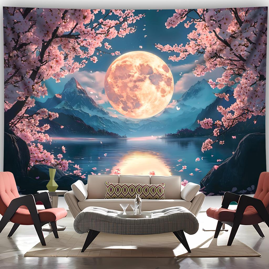 Pink Cherry Blossom Moon Lake Mountain Landscape Wall Tapestry Romantic Home Decor Aesthetic Living Room Art Print Design