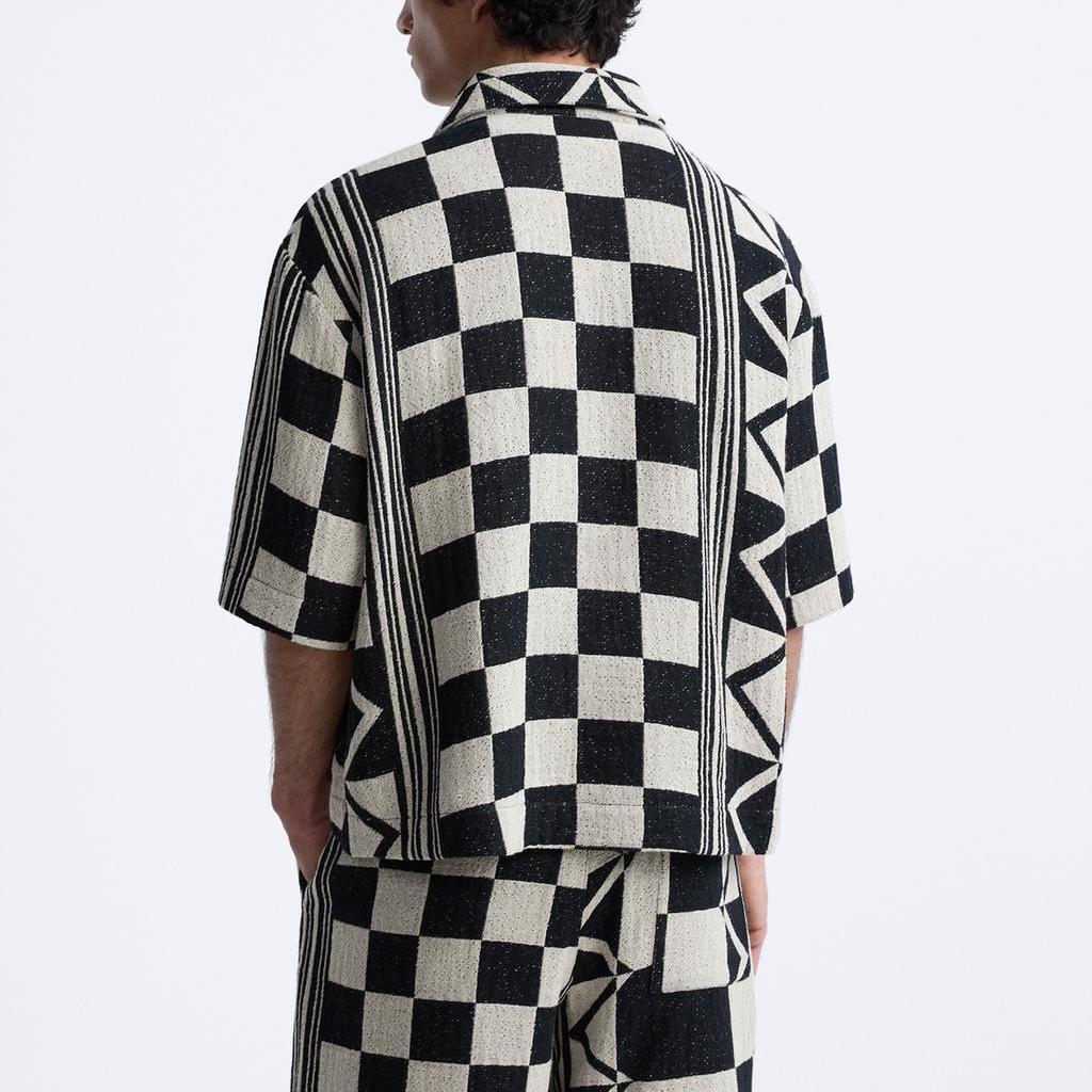 Zara Loose Geometric Pattern Casual Polo Shirt Men shirts Black White 6085464-064