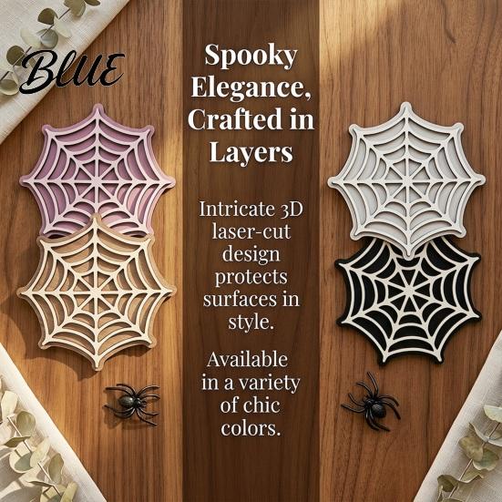 Decorative Mats for Party Halloween Spider Web Wooden Coaster Anti-Slip Wood Cup Mat with Figurine Natural Pine Coasters Thermal Insulated