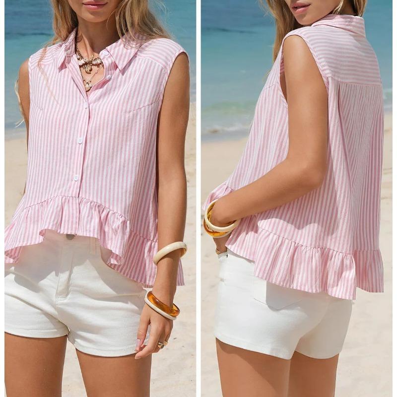 Camicia da Donna a Righe Senza Maniche con Bottoni, Orlo Arricciato e Taschino sul Petto, Top Estivo Casual Multicolore