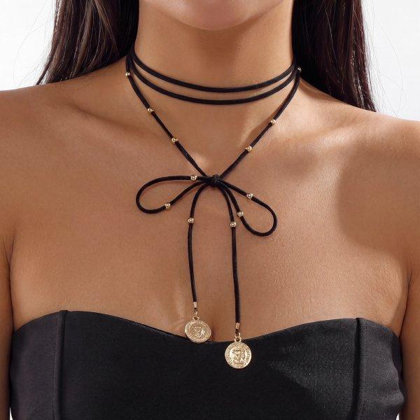 Vintage Red Velvet Bowknot Choker Necklace for Women Elegant Weave Knotted Bowknot Long Rope Layered Chain Y2K Sexy Jewelry Gift