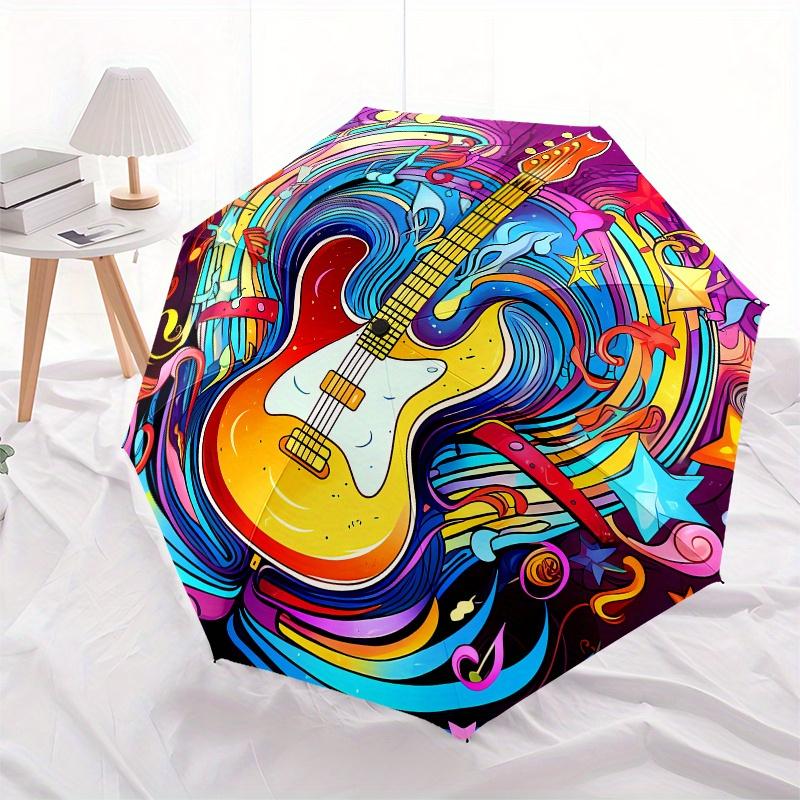 Guitar Art Automatic folding umbrella simple eight rib design, bright color pattern, durable iron frame, ideal for travel and outdoor, beac
