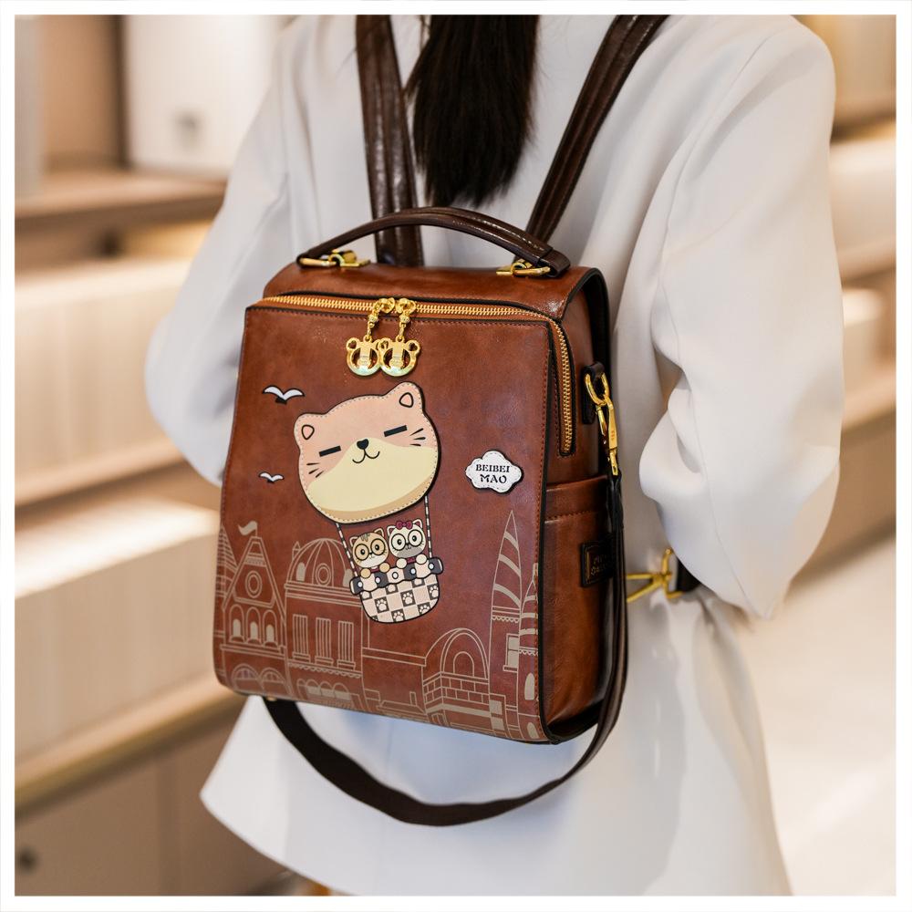 2026 New Premium Sense PU Women's Backpacks Versatile Casual Simple Large Capacity Lady Single Shoulder Bag Cute Cartoon Bear Outdoor Travel Rucksacks
