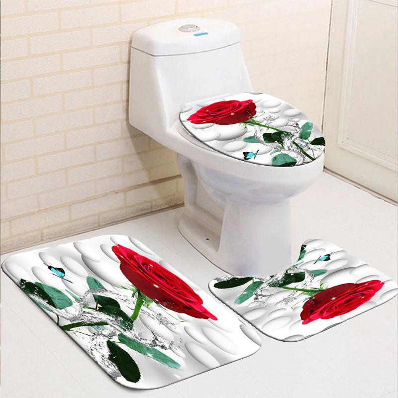 3D Rose Flower Shower Curtain Set Non-Slip Rugs Bath Mat Toilet Lid Cover and 12 Hooks Waterproof Polyester Bathroom Decor