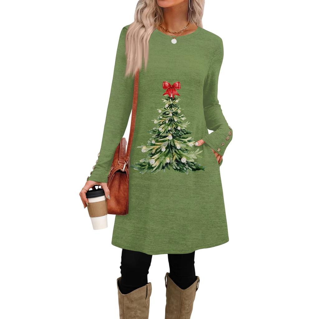 Women's Fashion Casual Dress With Pockets, Decorative Buttons, Christmas Prints, Round Neck And Long Sleeves