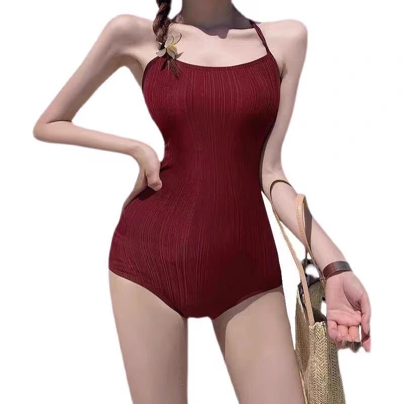

Sexy hot spring swimsuit halter and thin suspenders small breasts gather advanced sense one-piece XL бордовий