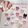 3D Soft Silicone Ribbon Bow Nail Art Decorations - Black, White, Pink Macaron Colors with Rhinestone Accents