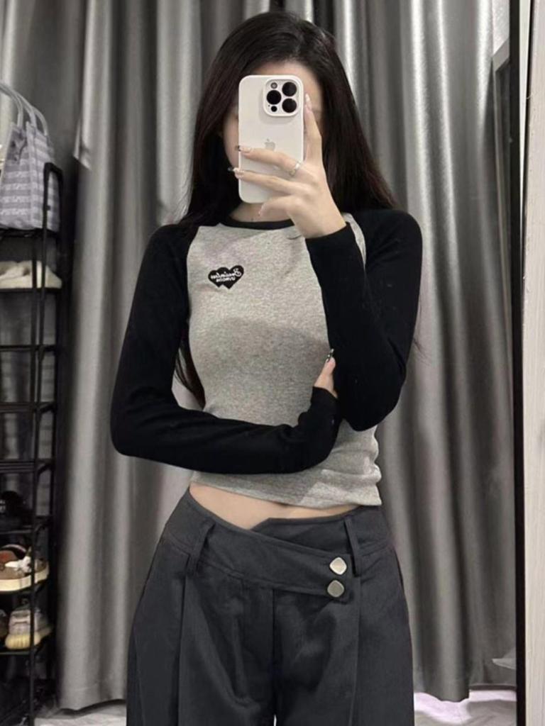 2023 Toamnă Coreean Retro Color Block Raglan Slim Fit Mânecă Lungă Top Strat de Bază pentru Femei