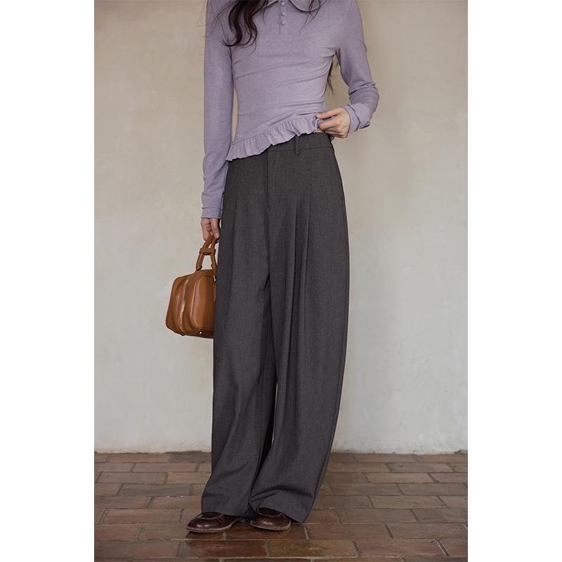 Yimeng 2026 Elegant Korean Style Wide-Leg Gray Pants for Women Small