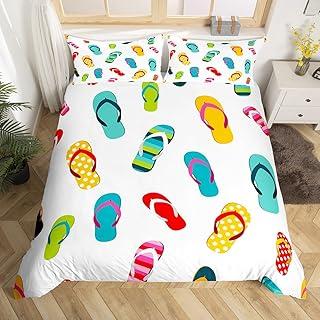 Flip Flops Soft Duvet Cover Quen Sized Dimensions Carton Beach Holiday Beding Set Children Kids Young Boys Young Girls Bedrom Decor Rainbow Flowers