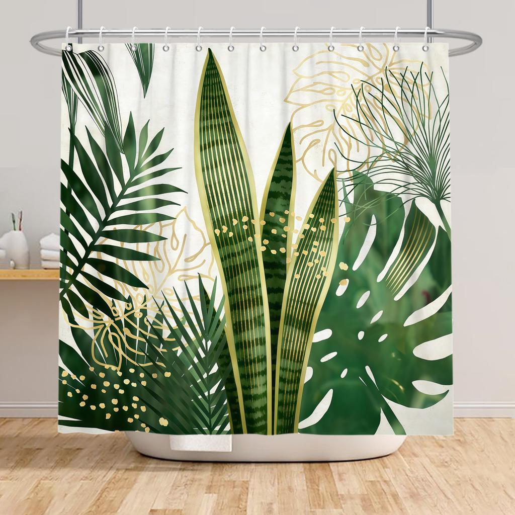 Badezimmer-Duschvorhang mit tropischem Pflanzenmotiv Grüne Blätter Lila Blumen Dekoration Wasserdichter Badezimmervorhang mit Haken