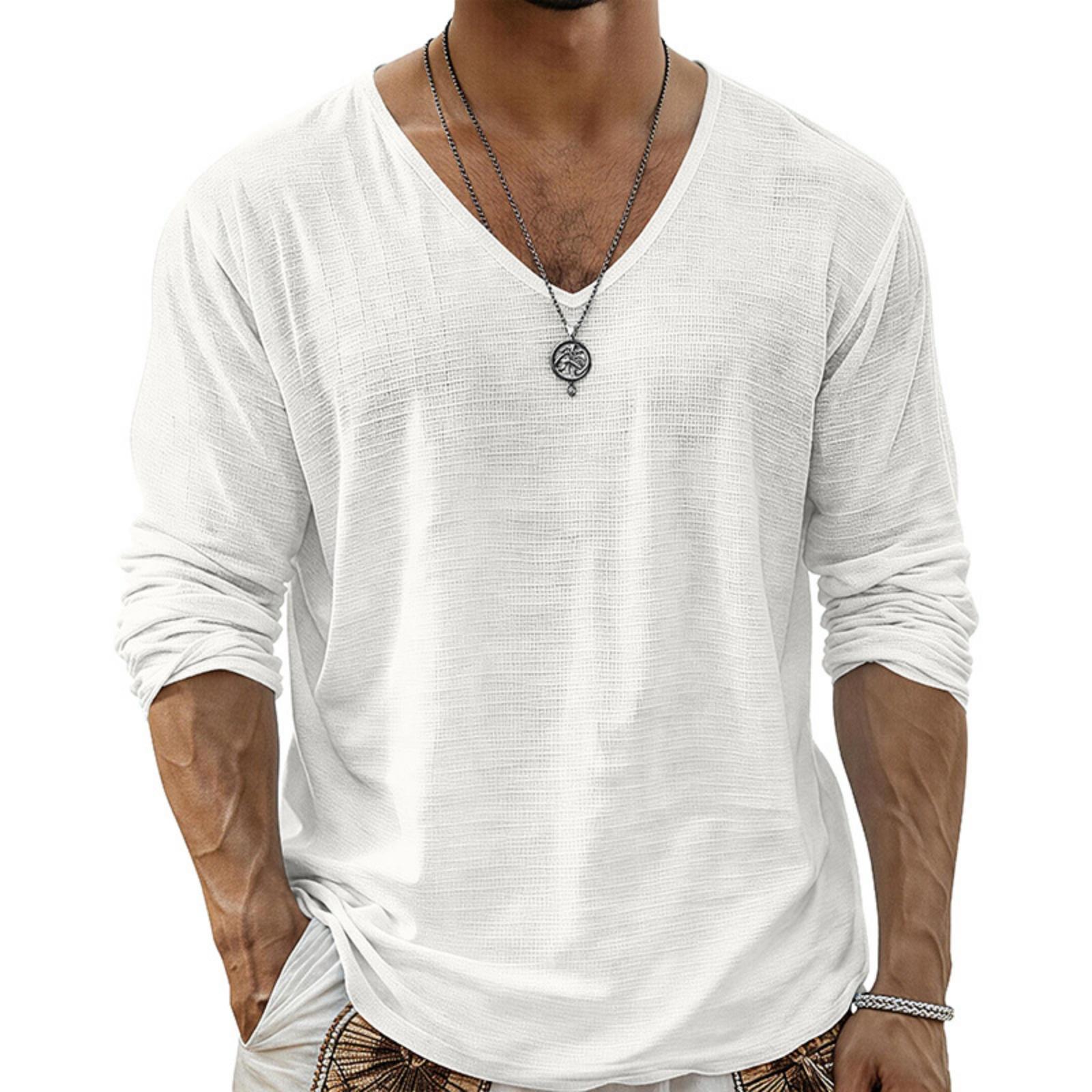 

Men Long Sleeve T Shirt V Neck Solid Color Casual Streetwear Lightweight Comfortable Fit Simple Design Long Sleeve Top L