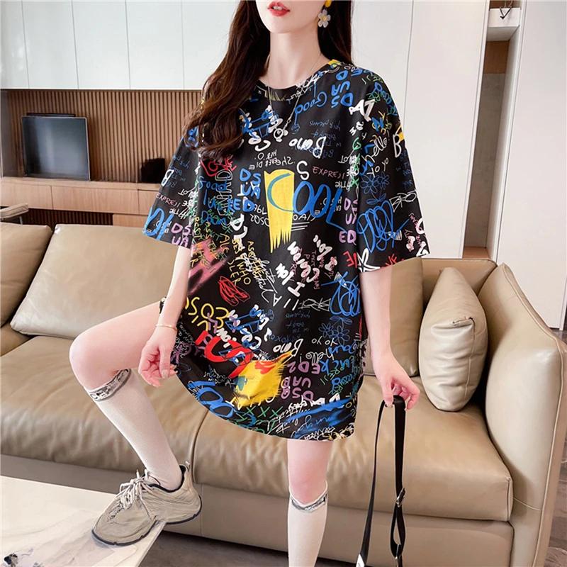 Sommer Vintage Print T-Shirt Mode Damen Übergroß Grafik Langarm T-Shirts Y2k Oberteile Harajuku Hip Hop Streetwear Jugend