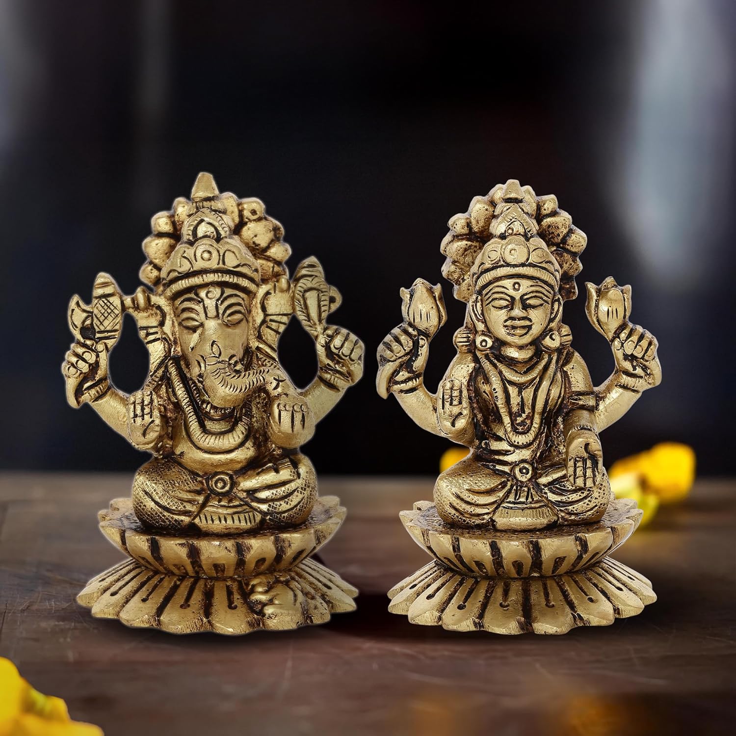 

100% Pure Brass Kamal Ganesh & Lakshmi Idol Combo, Lakshmi Sitting On Lotus