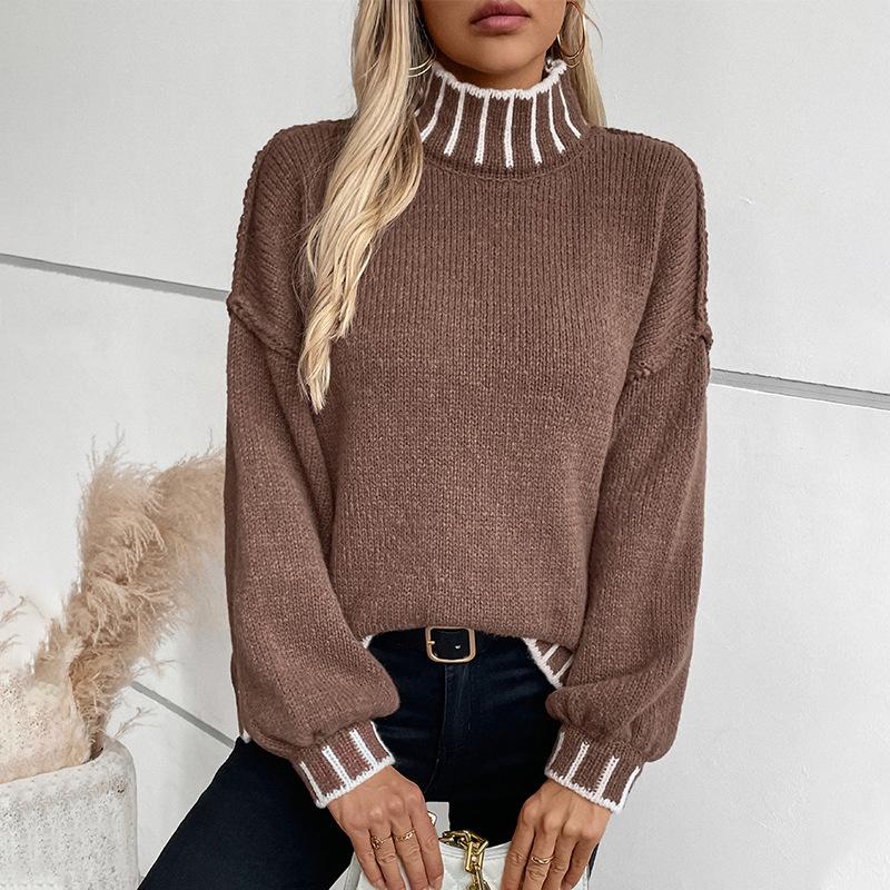 Uformelle gensere med lange armer for kvinner Turtleneck lanternearm Oversized ribbestrikket genser Høst løse gensere Topper for kvinner