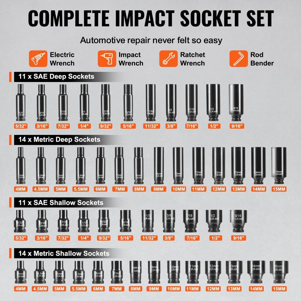 Impact Sockets Set 55pcs 6-Point 1/4" Drive Bit Ratchet Tool Kit Case