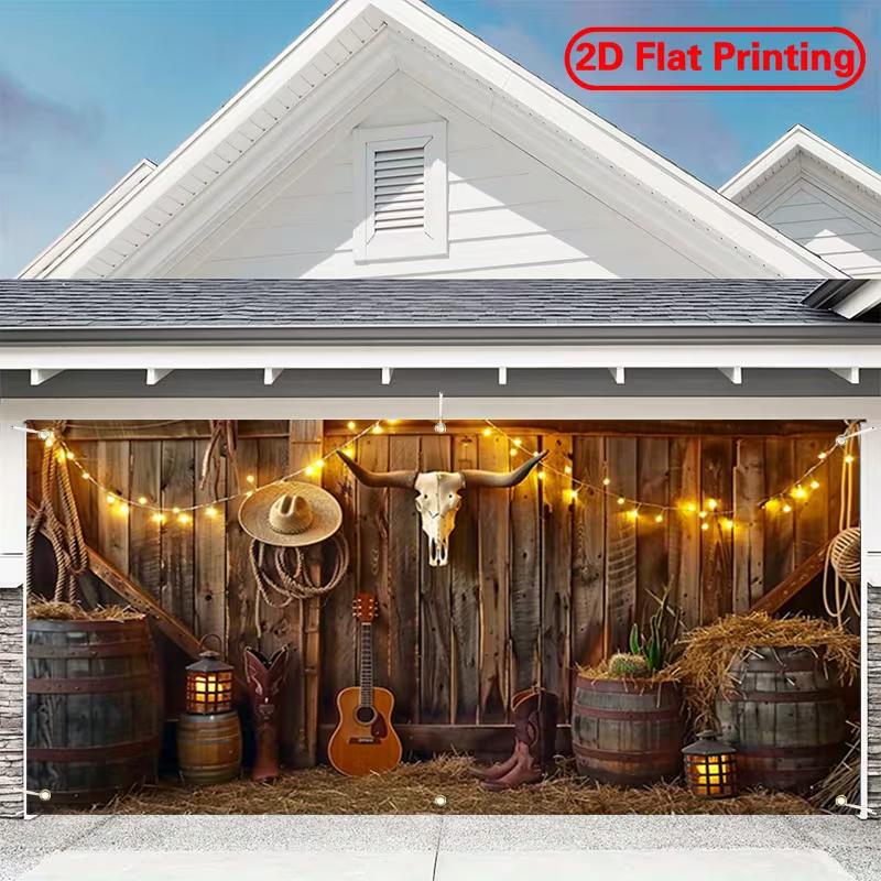 2D Wild West Cowboy Backdrop Barn Door with Bull Skull and Barrels Background 47.2x31.5inch/120*80cm