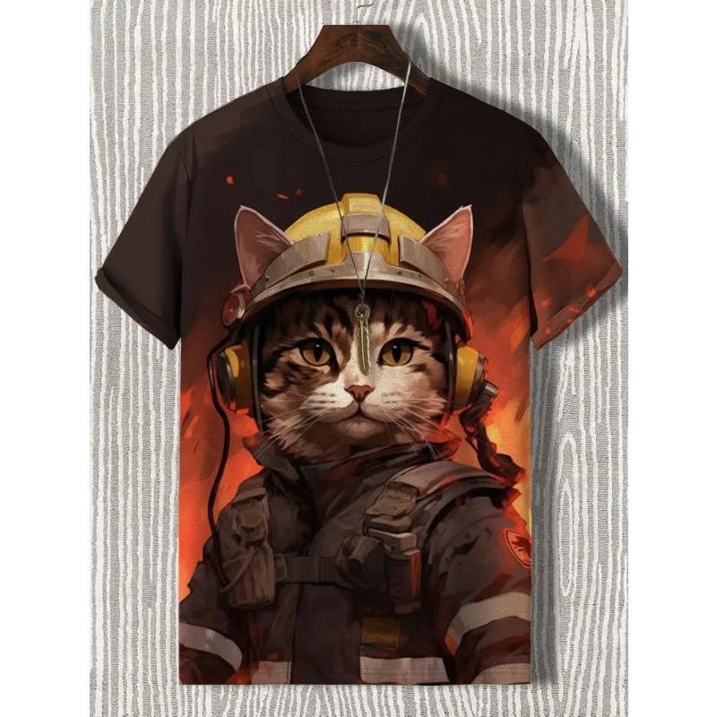 Men's T-Shirt Japanese Style Samurai Cat Graphic 3D Printed T-Shirt Casual Short Sleeved Tee Outdoor Oversized Men Clothing Tops