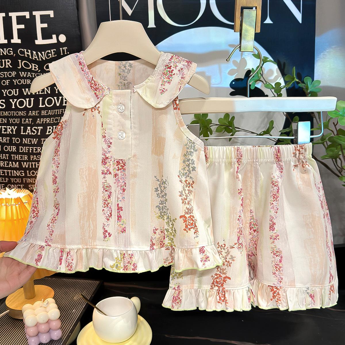 Girls Summer Sweet Peter Pan Collar Sleeveless Vest Set With Long Ear Ruffled Shorts Two Piece Outfit 80cm