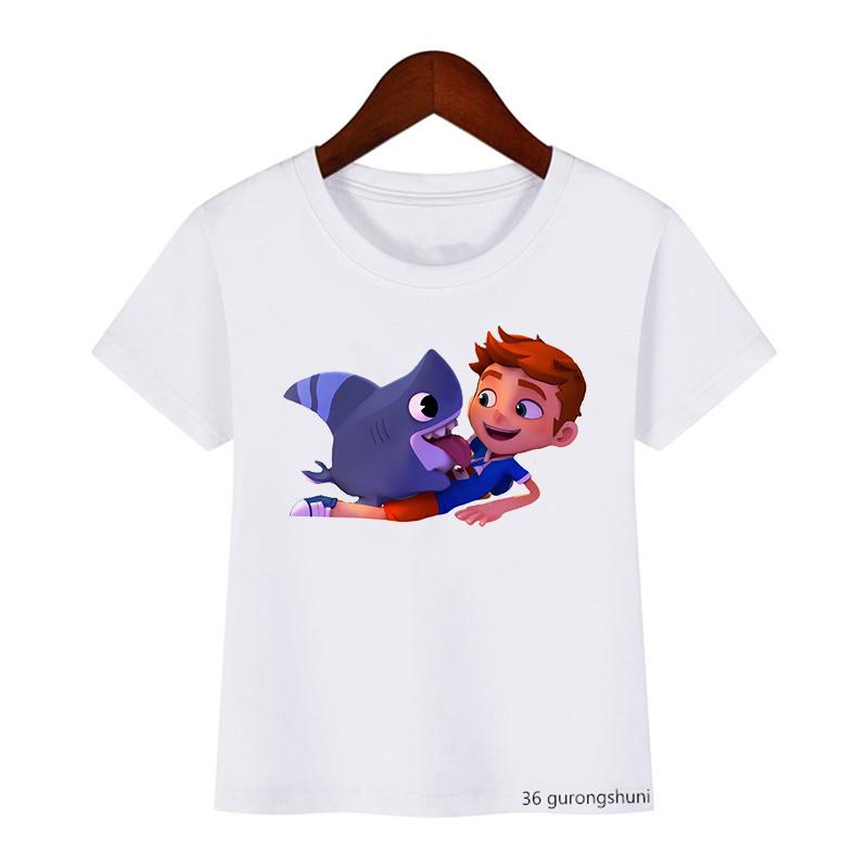Cute Boys Girls Kawaii Sharking with Sharkdog Cartoon Print Children'S Tshirt Summer Baby Clothes White Short Sleeve Tops