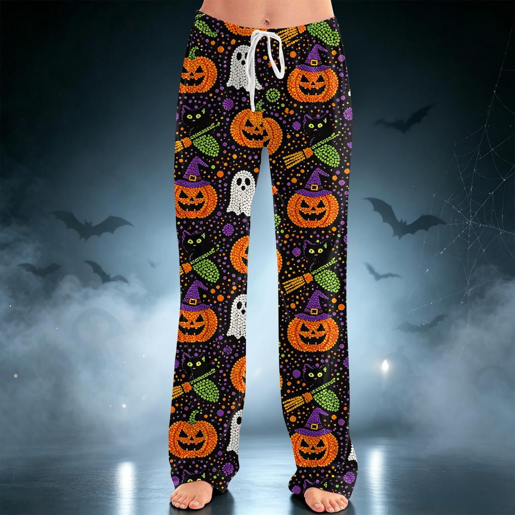 Women's Halloween Print Drawstring Wide Leg Pants for Casual Home Wear