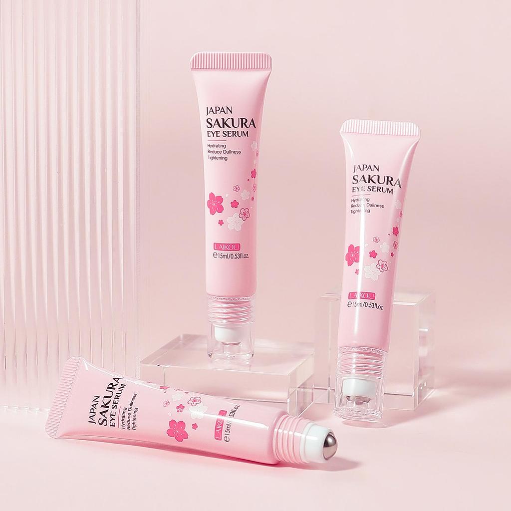 LAIKOU Sakura Eye Serum Anti Dark Circles Eye Cream Roller Massage Vitamin C Hyaluronic Acid Eye Bags Cream Moisturizing Skin Care
